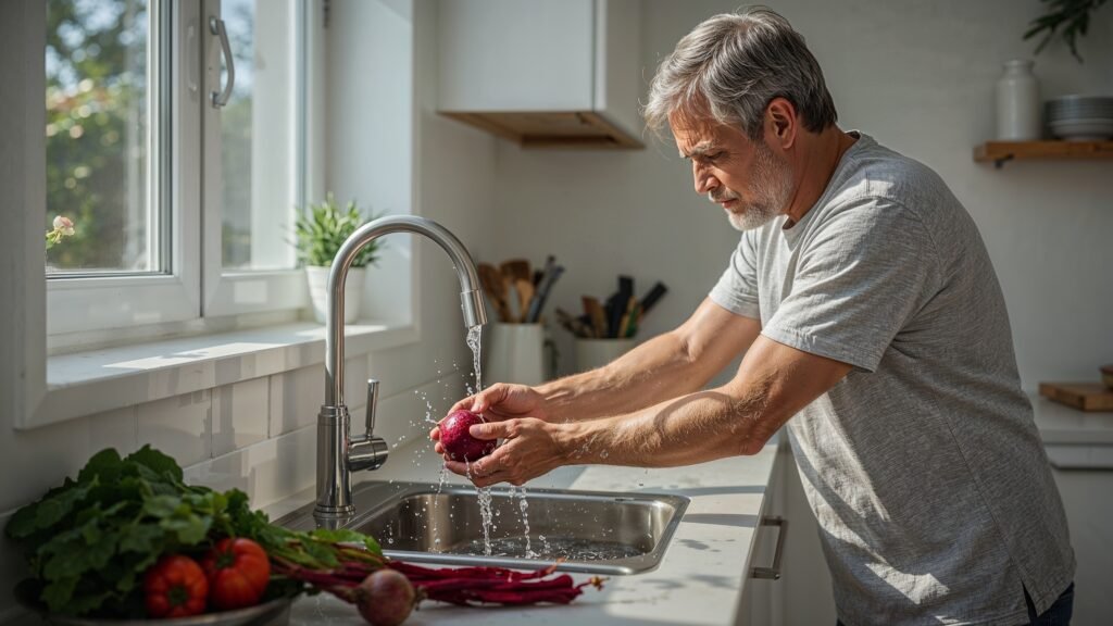 a man is washing the beets for making juice