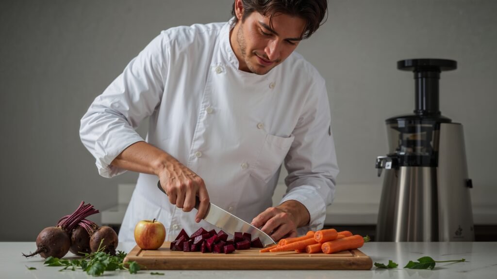 a cheif is cutting beets, carrots and other ingredients