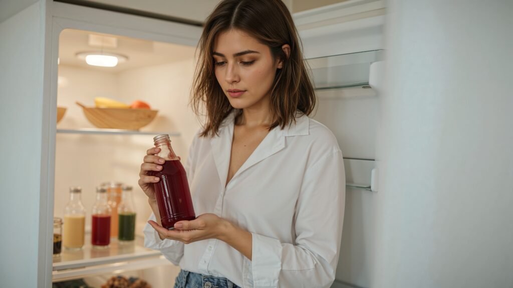 a women is keep the beet juic in a fridge for storing