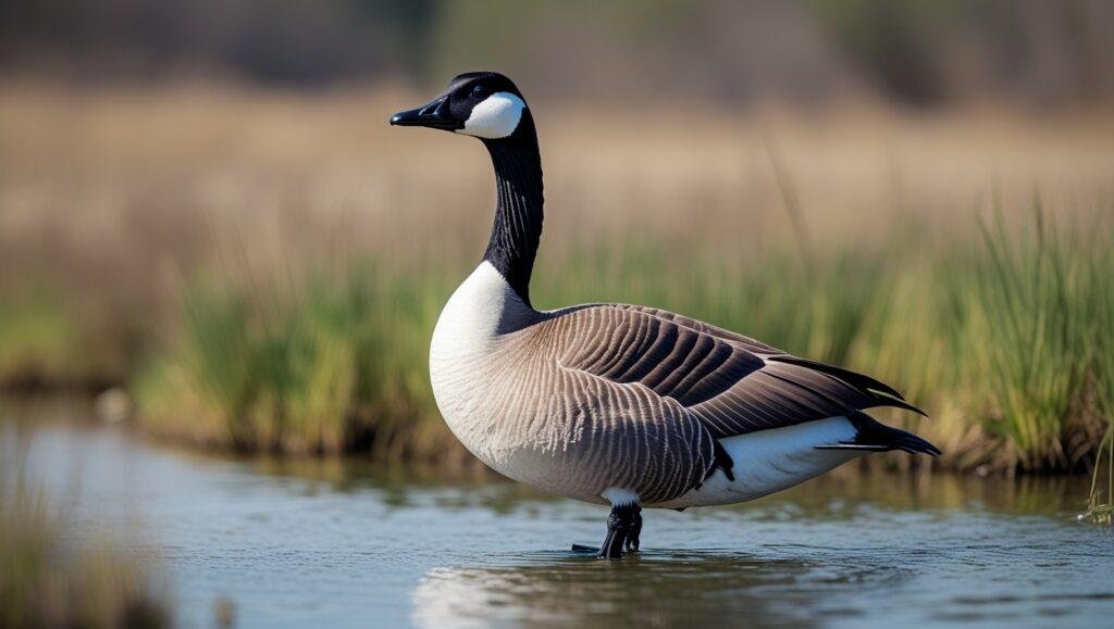 A canadian goose in a open field