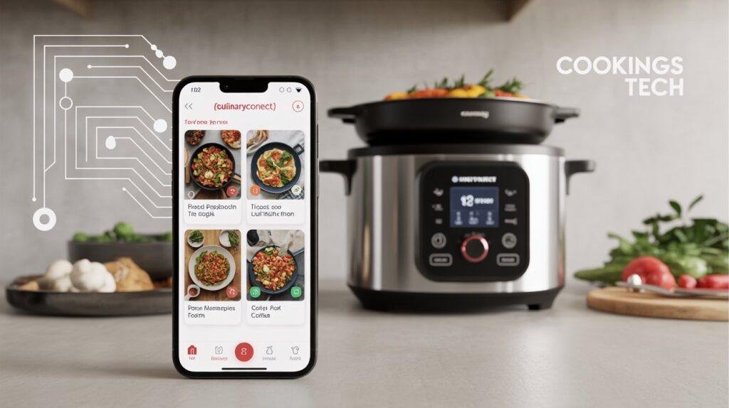 a smartphone, displaying a colorful recipe app for multi-function cookers. In the background, a multi-function cooker is visible,